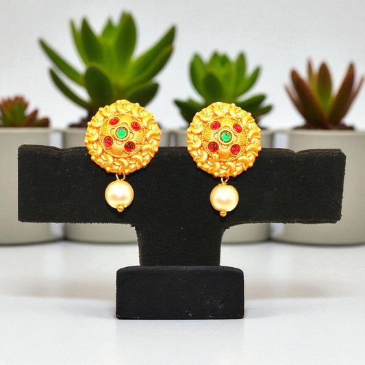 Temple-Inspired Gold Tone Pearl Drop Earrings