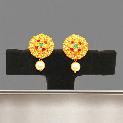 Temple-Inspired Gold Tone Pearl Drop Earrings