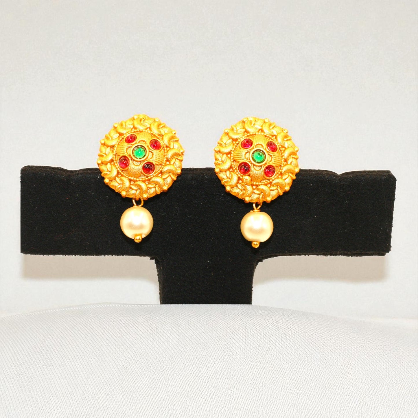 Temple-Inspired Gold Tone Pearl Drop Earrings