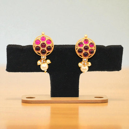 Vintage Circular Ruby Cluster Earrings with Pearl Drops