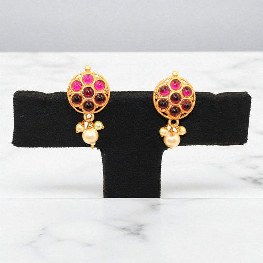 Vintage Circular Ruby Cluster Earrings with Pearl Drops