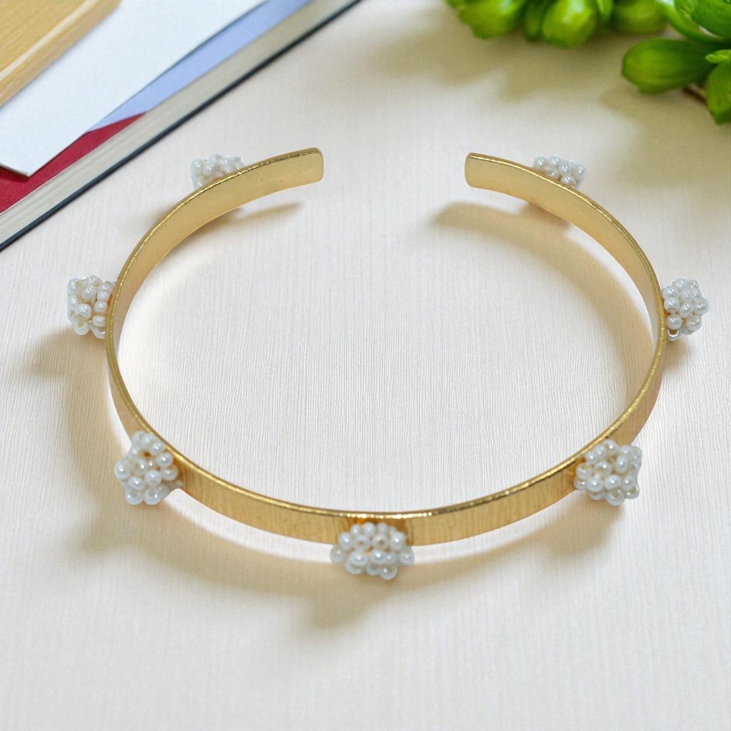 Gold Pearl Cluster Open Cuff Bracelet