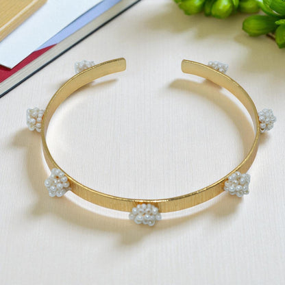 Gold Pearl Cluster Open Cuff Bracelet