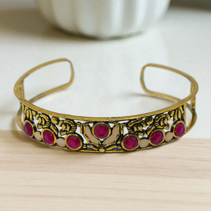 Antique Gold Floral Cuff Bracelet with Red Stone Accents