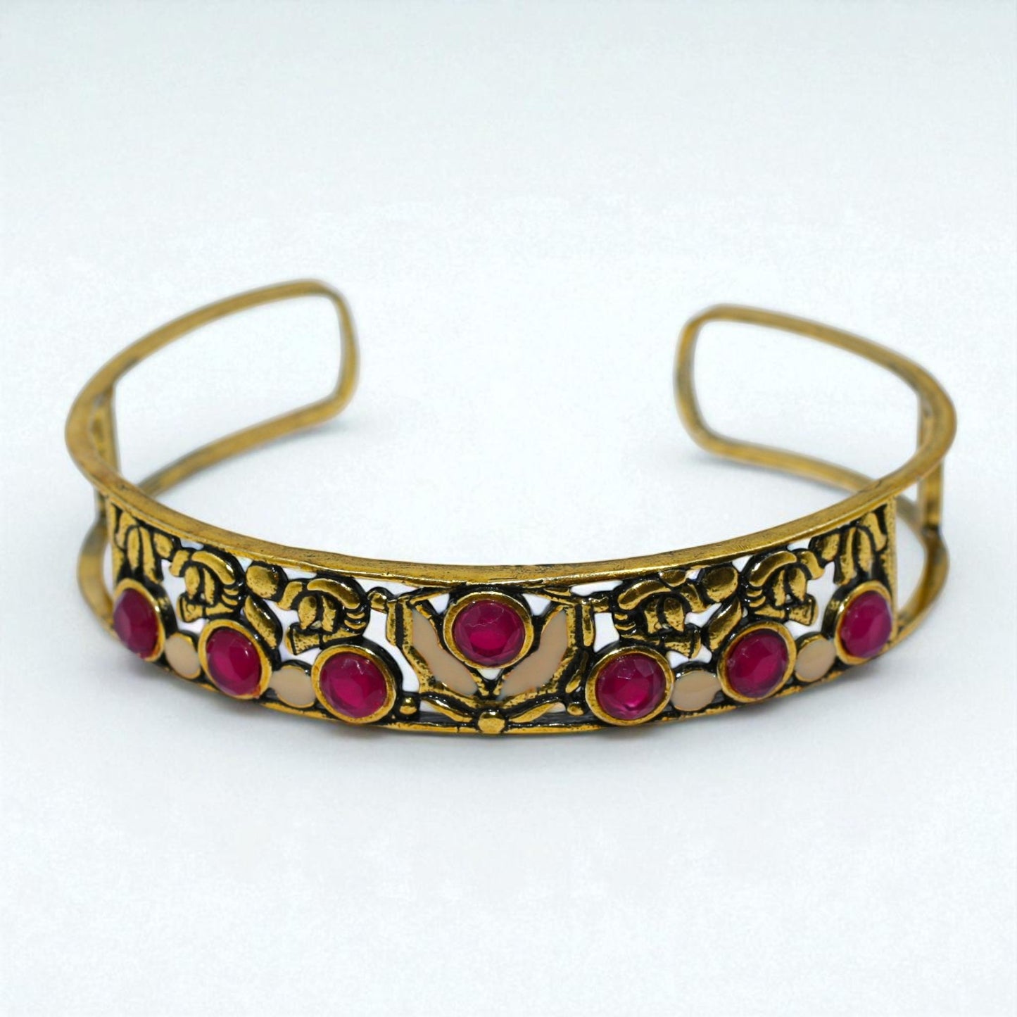 Antique Gold Floral Cuff Bracelet with Red Stone Accents