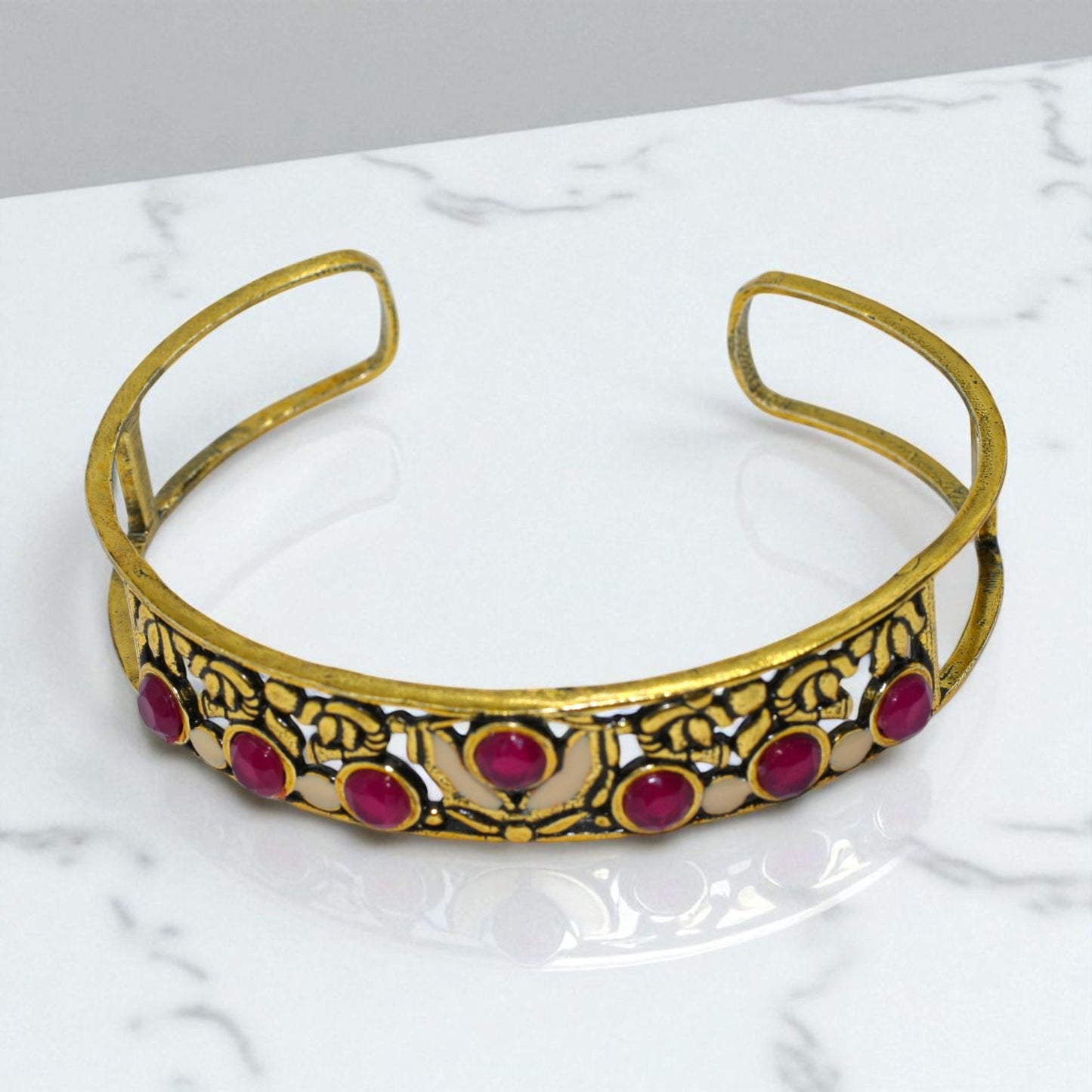 Antique Gold Floral Cuff Bracelet with Red Stone Accents
