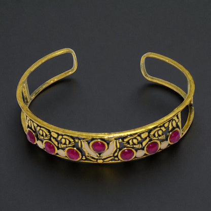 Antique Gold Floral Cuff Bracelet with Red Stone Accents
