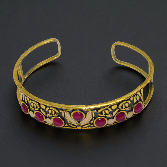 Antique Gold Floral Cuff Bracelet with Red Stone Accents