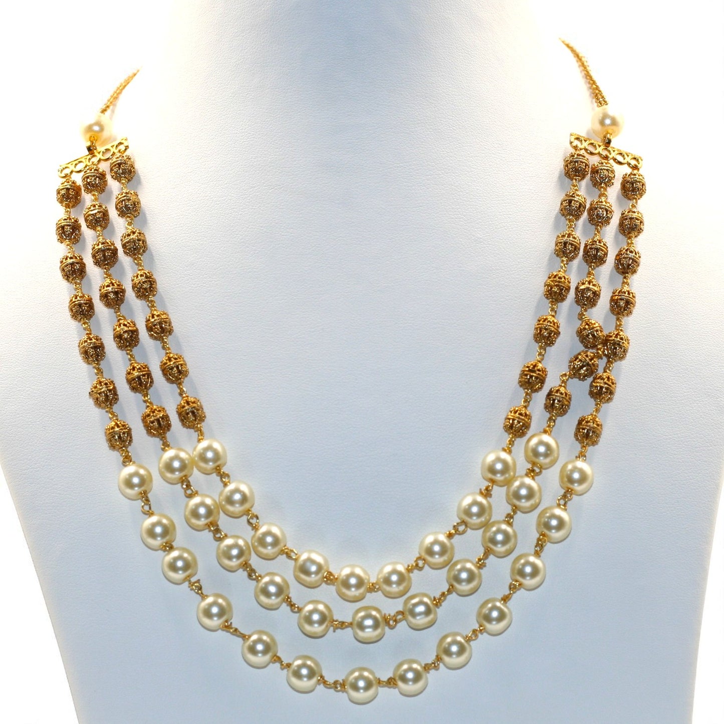 Elegant Three-Layer Gold Colour Beads & Pearl Necklace