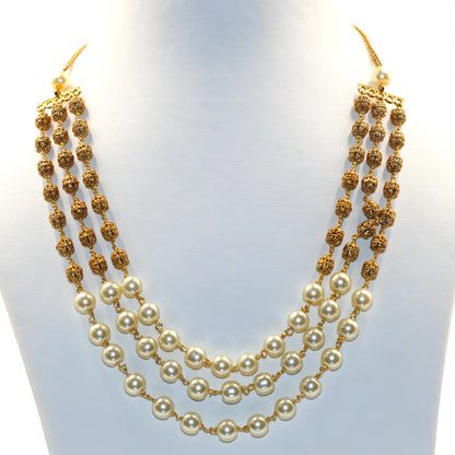 Elegant Three-Layer Gold Colour Beads & Pearl Necklace