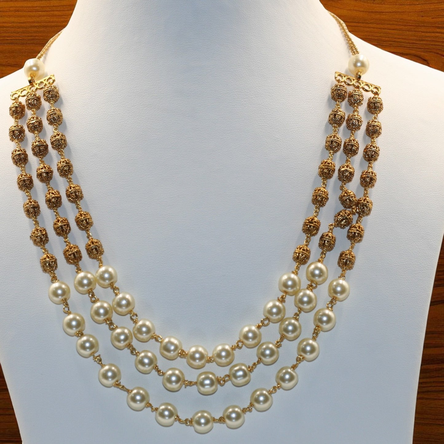 Elegant Three-Layer Gold Colour Beads & Pearl Necklace