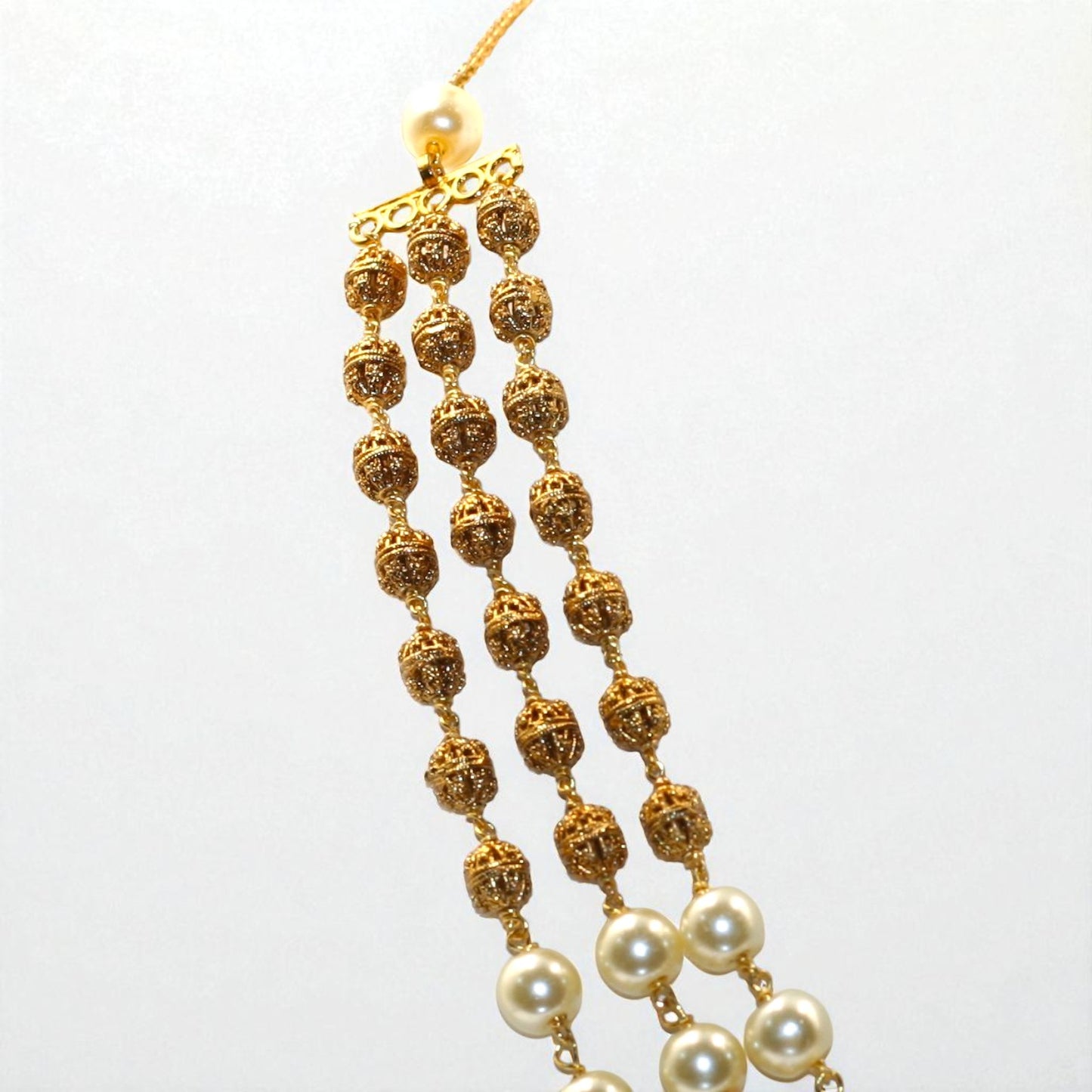 Elegant Three-Layer Gold Colour Beads & Pearl Necklace