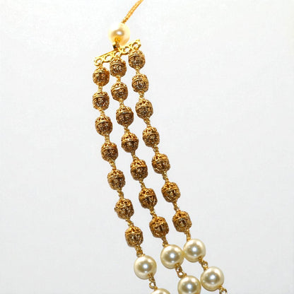Elegant Three-Layer Gold Colour Beads & Pearl Necklace