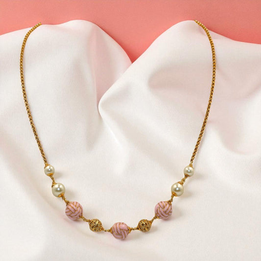 Gold Plated Chain with Pink Beads, Pearls & Filigree Accents