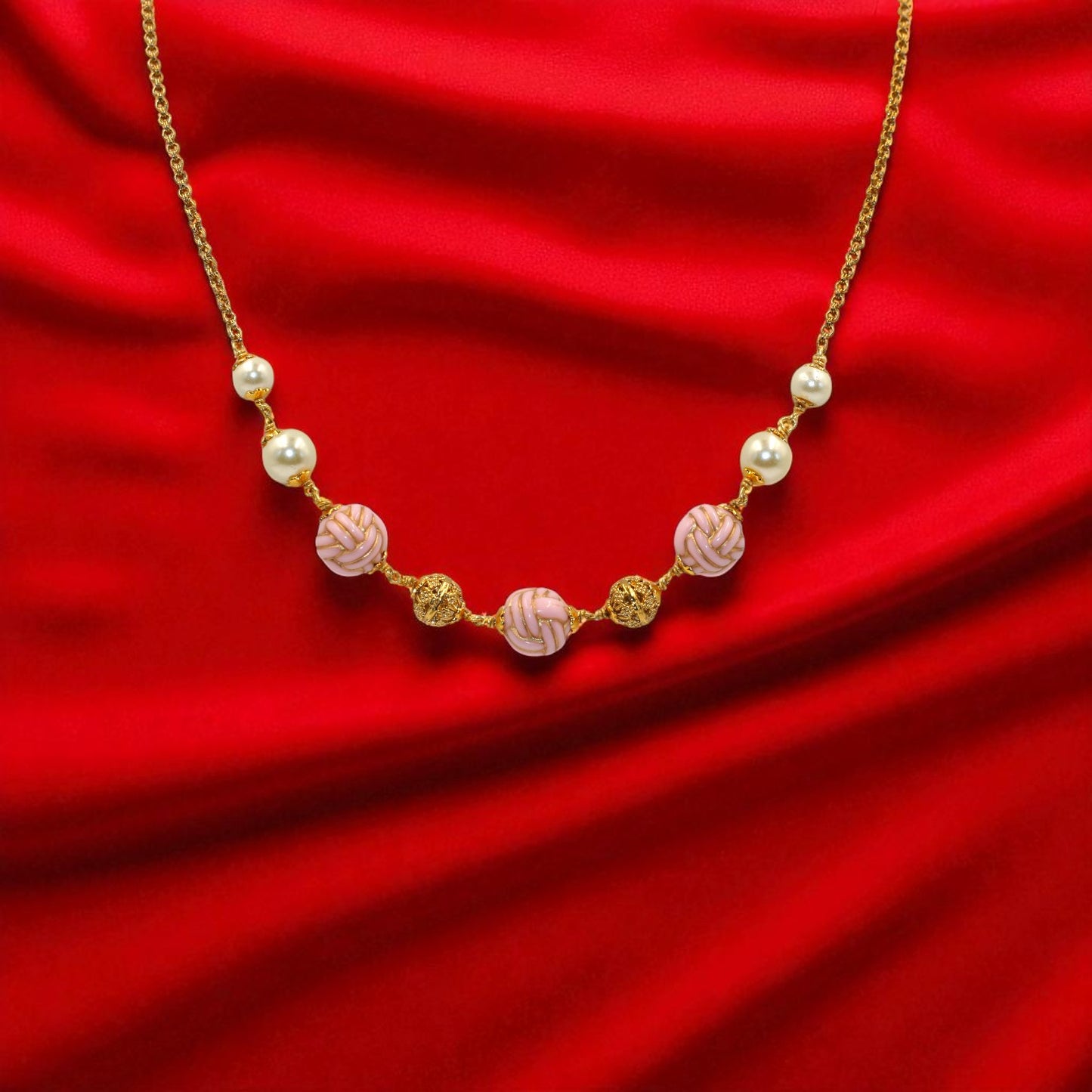 Gold Plated Chain with Pink Beads, Pearls & Filigree Accents