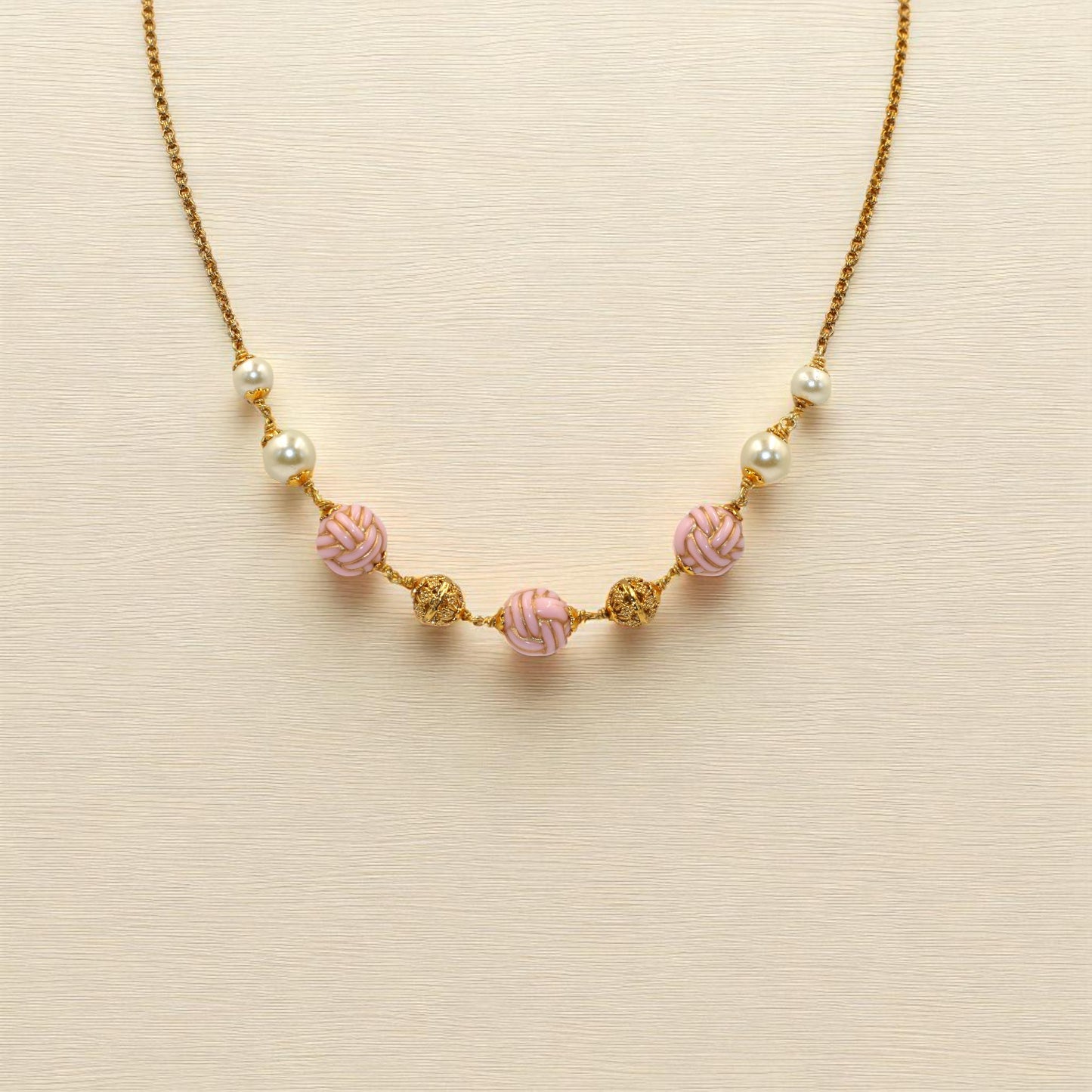 Gold Plated Chain with Pink Beads, Pearls & Filigree Accents