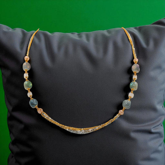 Elegant Green Bead & Dual-Tone Chain Necklace with Matching Earrings