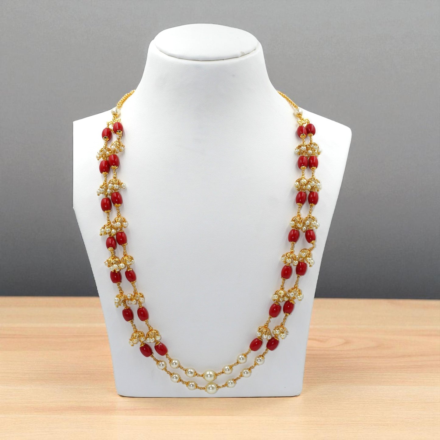 Double-Layer Red Bead & Pearl Cluster Necklace