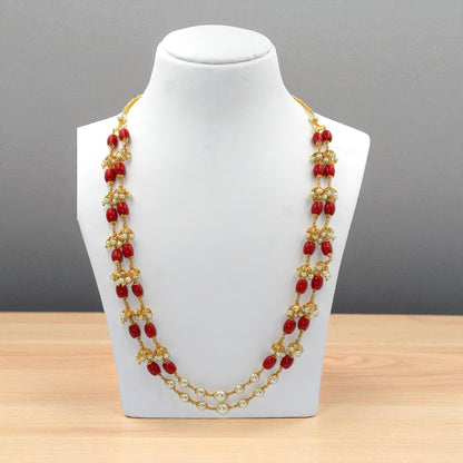 Double-Layer Red Bead & Pearl Cluster Necklace