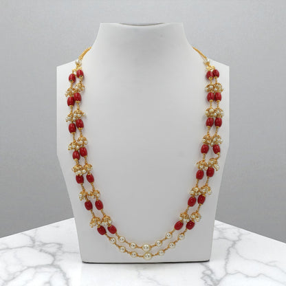 Double-Layer Red Bead & Pearl Cluster Necklace