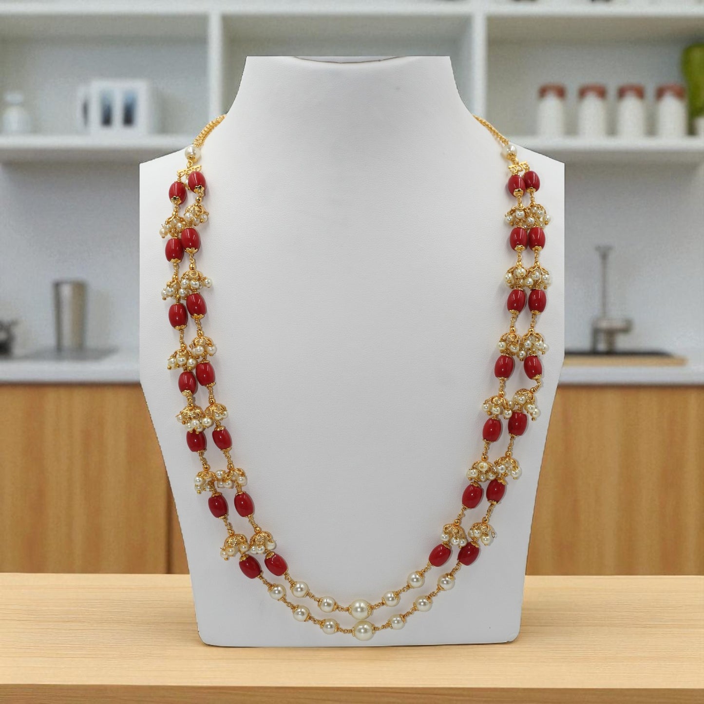 Double-Layer Red Bead & Pearl Cluster Necklace