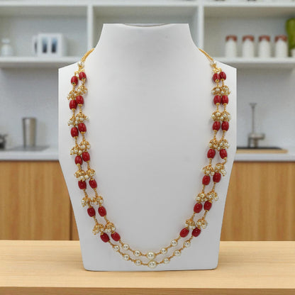 Double-Layer Red Bead & Pearl Cluster Necklace