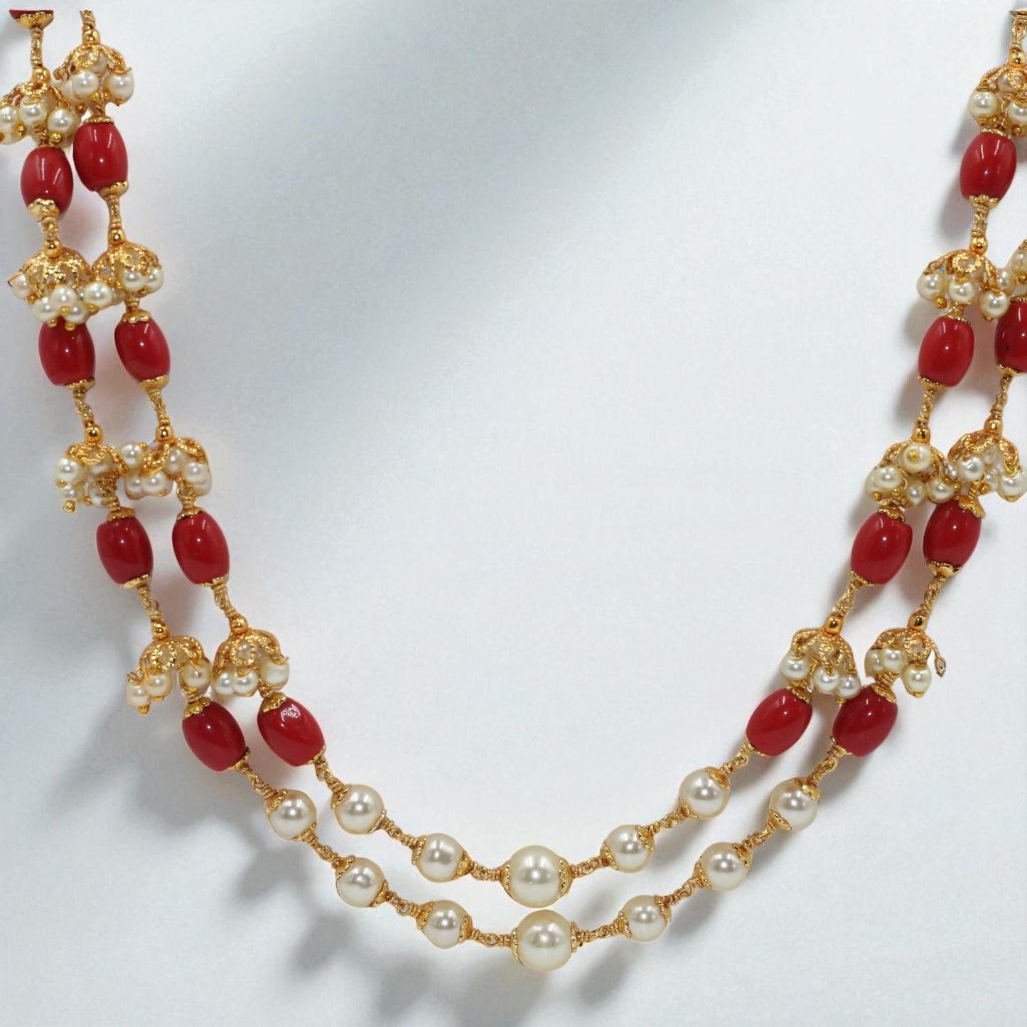 Double-Layer Red Bead & Pearl Cluster Necklace