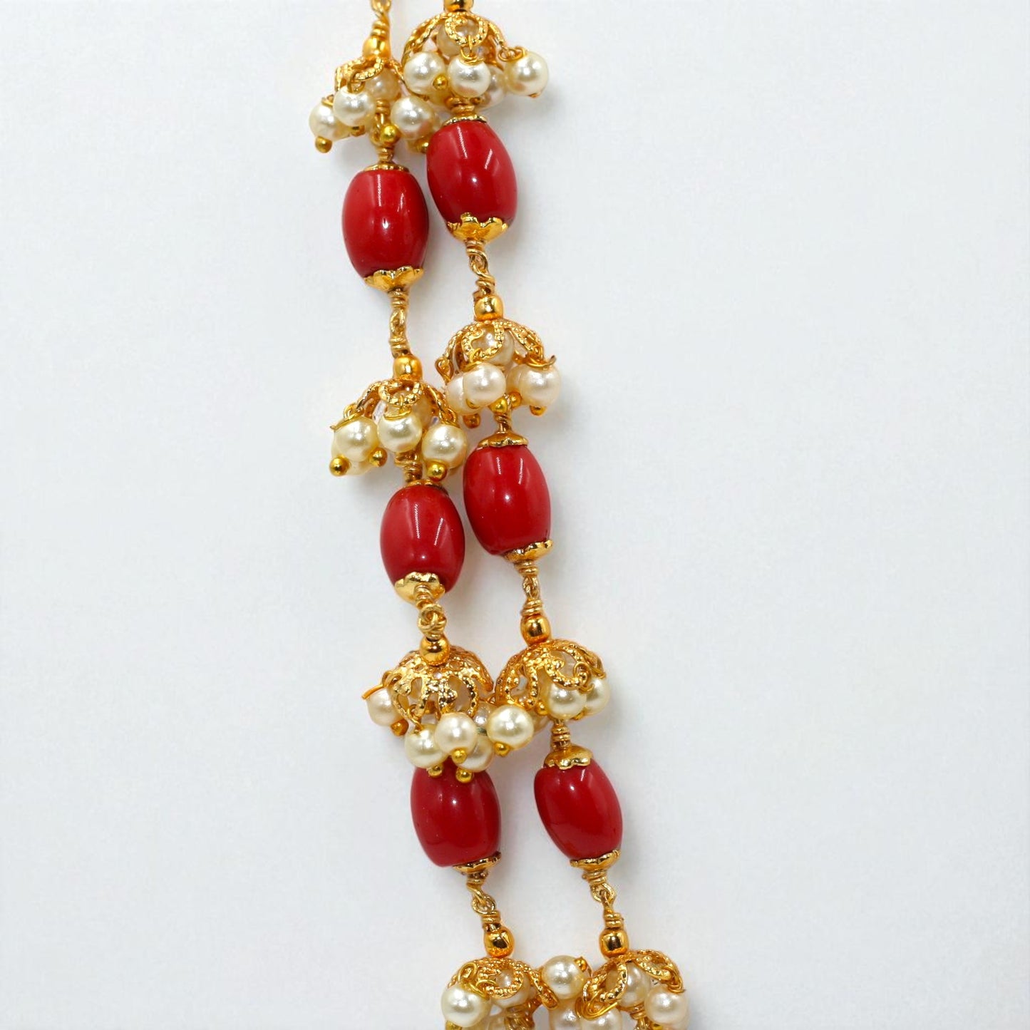 Double-Layer Red Bead & Pearl Cluster Necklace
