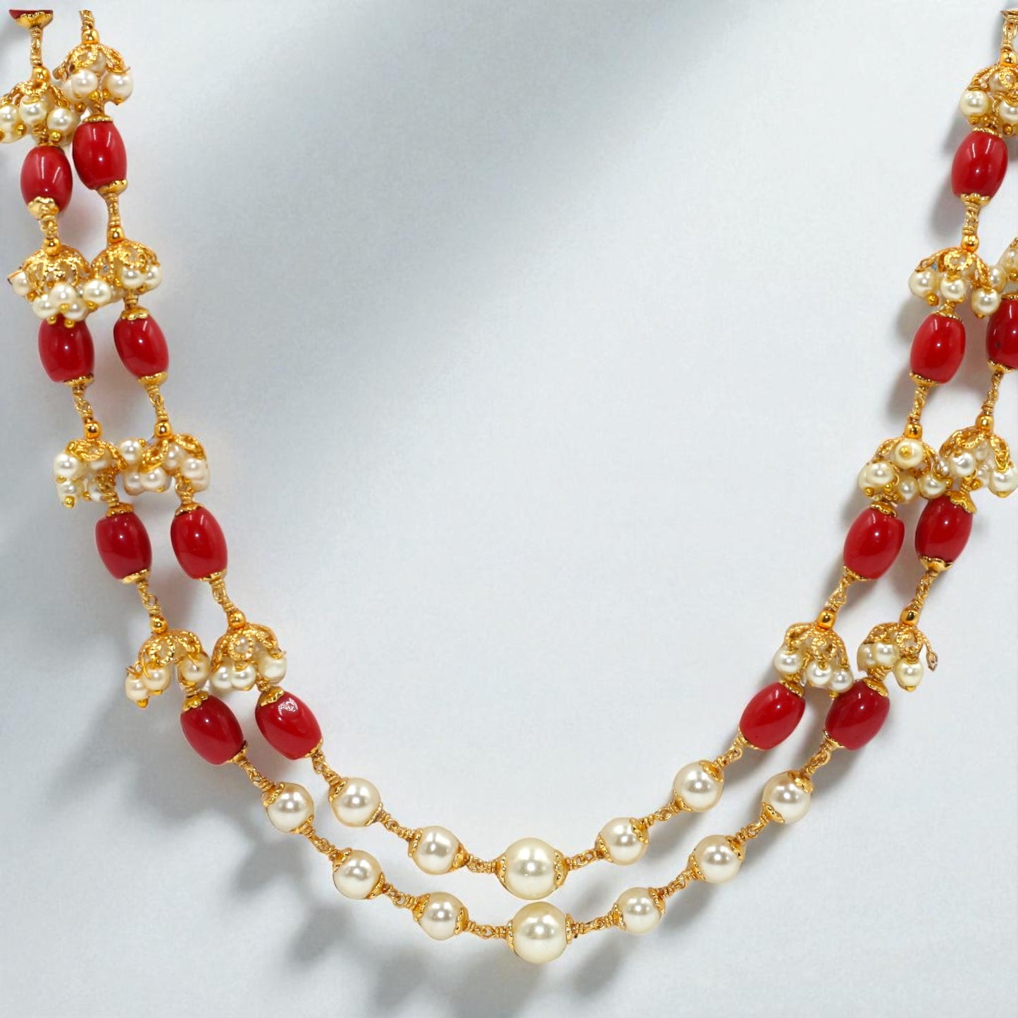 Double-Layer Red Bead & Pearl Cluster Necklace