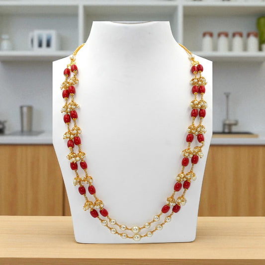 Double-Layer Red Bead & Pearl Cluster Necklace