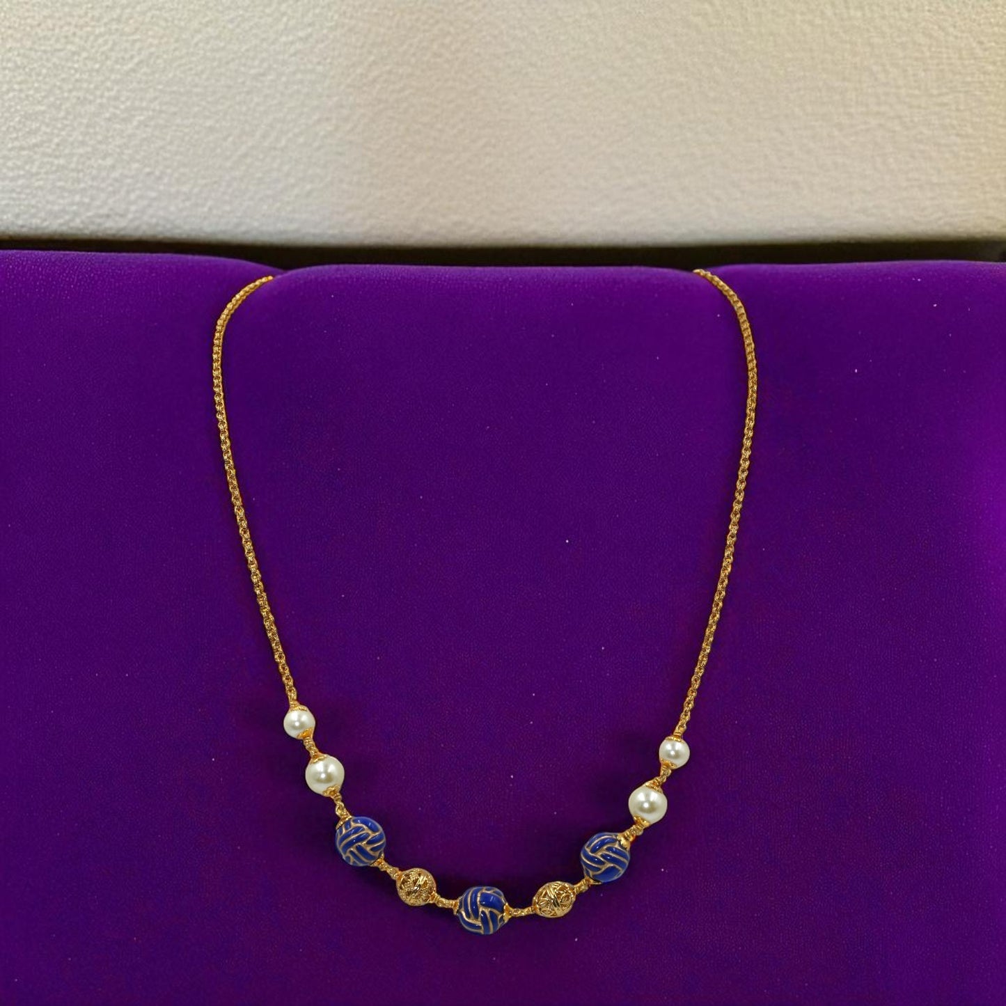 Blue & Gold Bead Accent Necklace with Pearl Touch