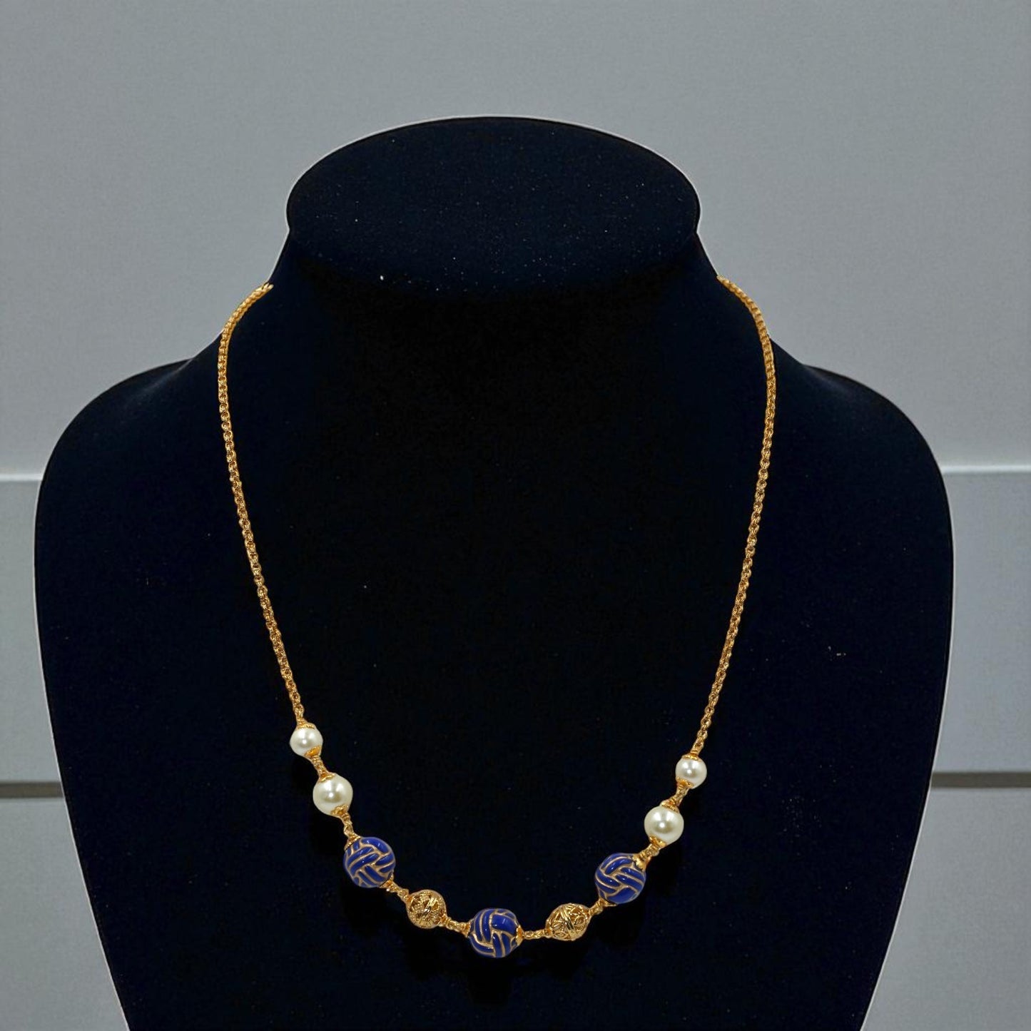 Blue & Gold Bead Accent Necklace with Pearl Touch
