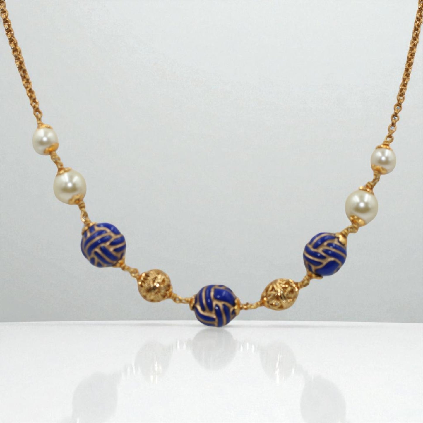 Blue & Gold Bead Accent Necklace with Pearl Touch