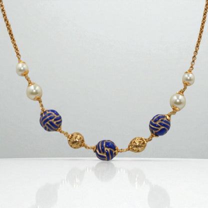 Blue & Gold Bead Accent Necklace with Pearl Touch