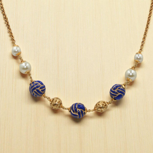 Blue & Gold Bead Accent Necklace with Pearl Touch
