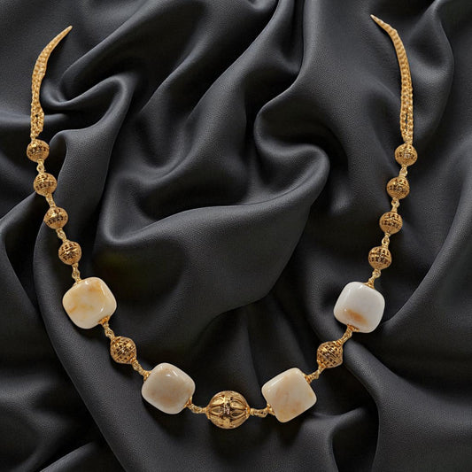 Gold Filigree & Cream Stone Bead Chain Necklace