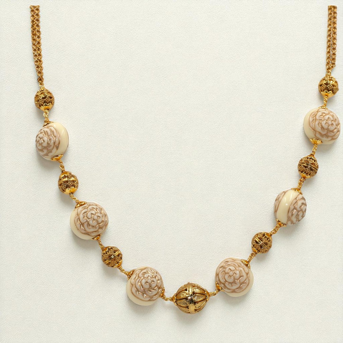 Gold Filigree & Carved Floral Bead Chain