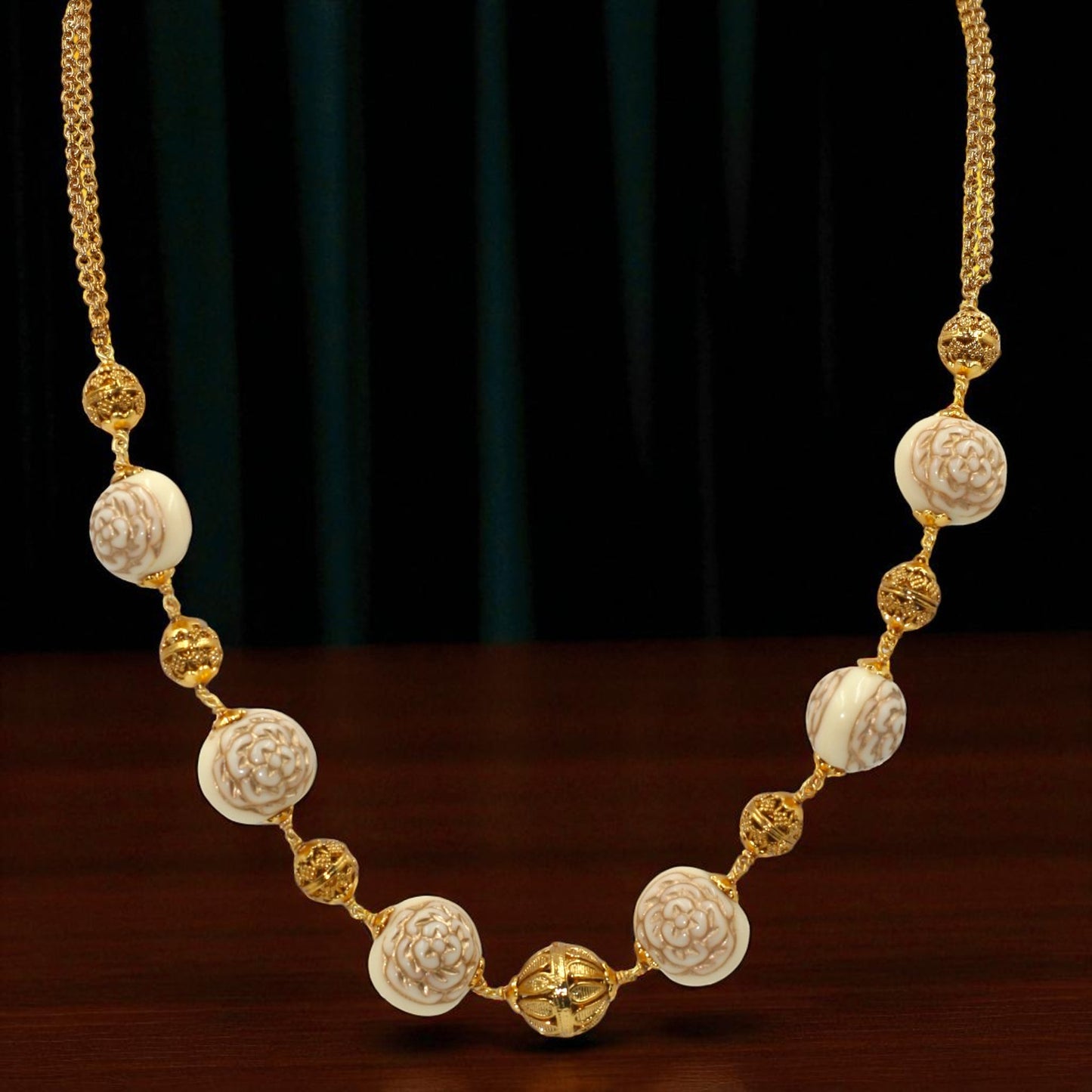 Gold Filigree & Carved Floral Bead Chain