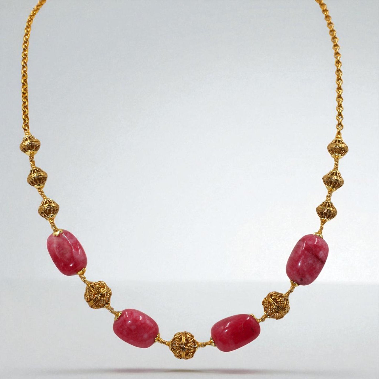 Gold Filigree & Pink Stone Bead Necklace
