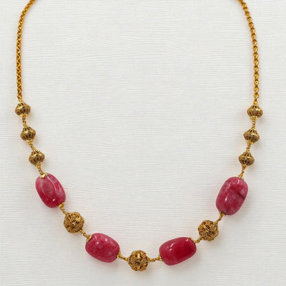 Gold Filigree & Pink Stone Bead Necklace