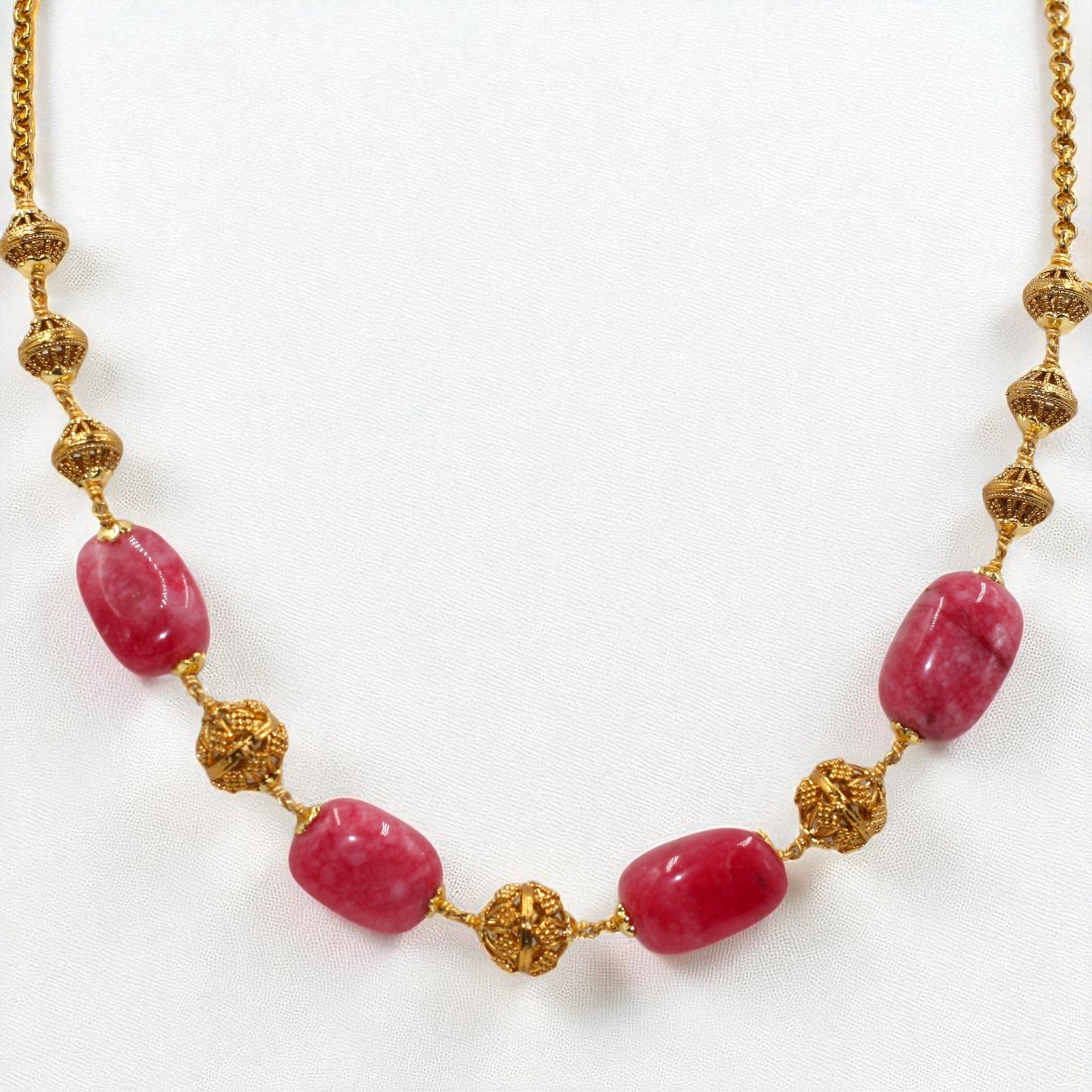 Gold Filigree & Pink Stone Bead Necklace