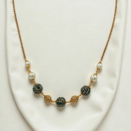 Gold Chain Necklace with Green Enamel Beads, Pearls & Filigree Accents